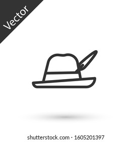 Grey line Oktoberfest hat icon isolated on white background. Hunter hat with feather. German hat.  Vector Illustration