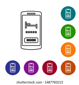 Grey line Online hotel booking icon isolated on white background. Online booking design concept for mobile phone. Set icons in color circle buttons. Vector Illustration