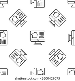 Grey line Online real estate house on monitor icon isolated seamless pattern on white background. Home loan concept, rent, buy, buying a property.  Vector