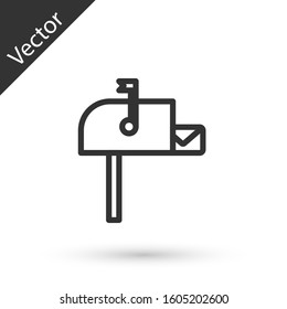 Grey line Open mail box icon isolated on white background. Mailbox icon. Mail postbox on pole with flag.  Vector Illustration