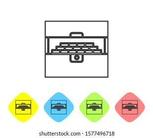 Grey line Opened antique treasure chest icon isolated on white background. Vintage wooden chest with golden coin. Set icons in color rhombus buttons. Vector Illustration