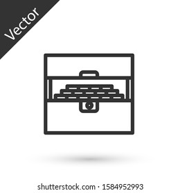 Grey line Opened antique treasure chest icon isolated on white background. Vintage wooden chest with golden coin.  Vector Illustration
