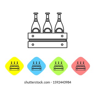 Grey line Pack of beer bottles icon isolated on white background. Wooden box and beer bottles. Case crate beer box sign. Set icons in color rhombus buttons. Vector Illustration