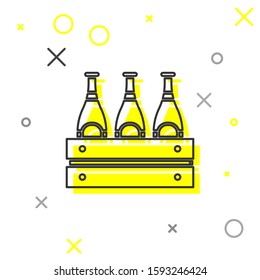 Grey line Pack of beer bottles icon isolated on white background. Wooden box and beer bottles. Case crate beer box sign.  Vector Illustration