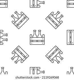 Grey line Pack of beer bottles icon isolated seamless pattern on white background. Wooden box and beer bottles. Case crate beer box sign.  Vector