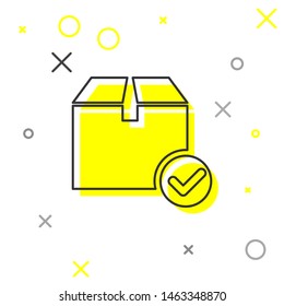 Grey line Package box with check mark icon isolated on white background. Parcel box with checkmark. Approved delivery or successful package receipt.  Vector Illustration