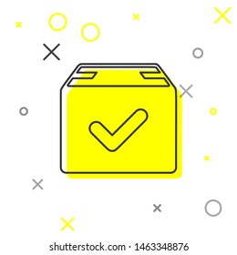 Grey line Package box with check mark icon isolated on white background. Parcel box with checkmark. Approved delivery or successful package receipt.  Vector Illustration