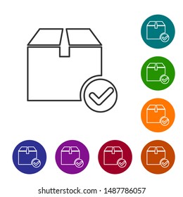 Grey line Package box with check mark icon on white background. Parcel box with checkmark. Approved delivery or successful package receipt. Set icons in color circle buttons. Vector Illustration