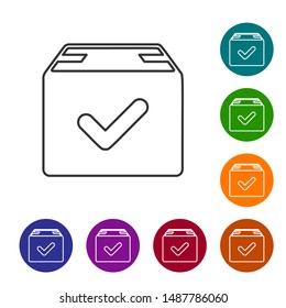 Grey line Package box with check mark icon on white background. Parcel box with checkmark. Approved delivery or successful package receipt. Set icons in color circle buttons. Vector Illustration
