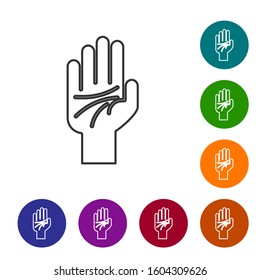 Grey line Palmistry of the hand icon isolated on white background. Set icons in color circle buttons. Vector Illustration