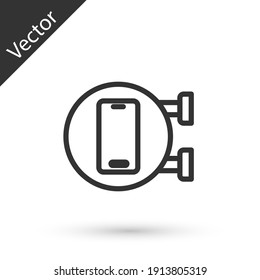 Grey line Phone repair service icon isolated on white background. Adjusting, service, setting, maintenance, repair, fixing. Vector.