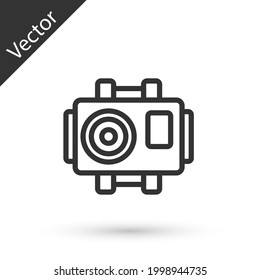 Grey line Photo camera for diver icon isolated on white background. Foto camera icon. Diving underwater equipment. Vector