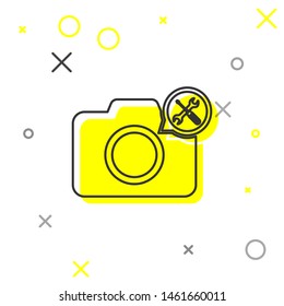 Grey line Photo camera with screwdriver and wrench icon isolated on white background. Adjusting, service, setting, maintenance, repair, fixing.  Vector Illustration