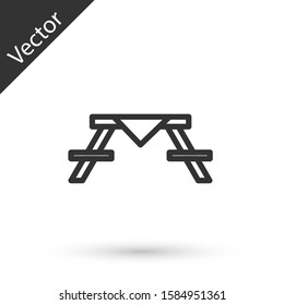 Grey line Picnic table with benches on either side of the table icon isolated on white background.  Vector Illustration