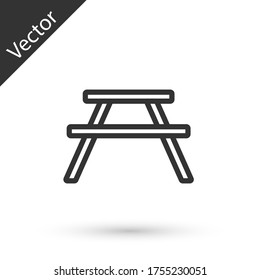 Grey line Picnic table with benches on either side of the table icon isolated on white background. Vector Illustration