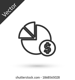 Graue Linie Pie Diagramm Infografik und Dollar Symbol einzeln auf weißem Hintergrund. Diagramm Diagramm Diagramm Zeichen. Vektorgrafik.