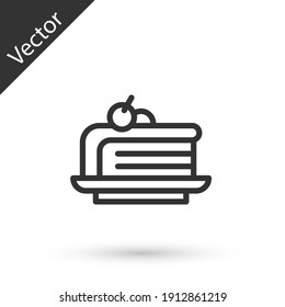 Grey line Piece of cake icon isolated on white background. Happy Birthday. Vector.