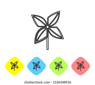 Grey line Pinwheel icon isolated on white background. Windmill toy icon. Set icons in color rhombus buttons. Vector Illustration