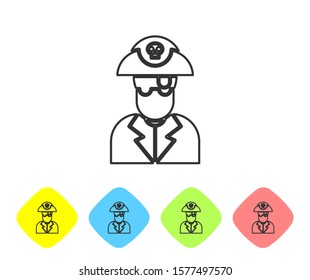 Grey line Pirate captain icon isolated on white background. Set icons in color rhombus buttons. Vector Illustration