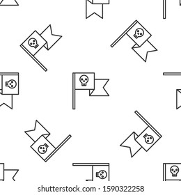 Grey line Pirate flag with skull icon isolated seamless pattern on white background.  Vector Illustration