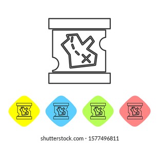 Grey line Pirate treasure map icon isolated on white background. Set icons in color rhombus buttons. Vector Illustration