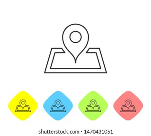 Grey line Placeholder on map paper in perspective icon isolated on white background. Set icons in color rhombus buttons. Vector Illustration