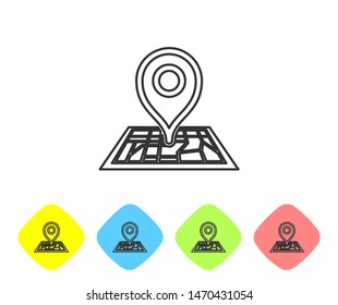 Grey line Placeholder on map paper in perspective icon isolated on white background. Set icons in color rhombus buttons. Vector Illustration