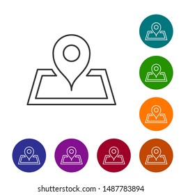 Grey line Placeholder on map paper in perspective icon isolated on white background. Set icons in color circle buttons. Vector Illustration