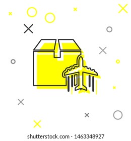 Grey line Plane and cardboard box icon isolated on white background. Delivery, transportation. Cargo delivery by air. Airplane with parcels, boxes.  Vector Illustration