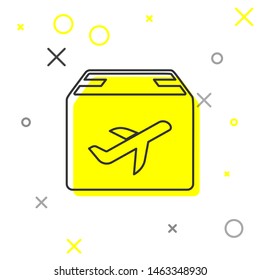 Grey line Plane and cardboard box icon isolated on white background. Delivery, transportation. Cargo delivery by air. Airplane with parcels, boxes.  Vector Illustration