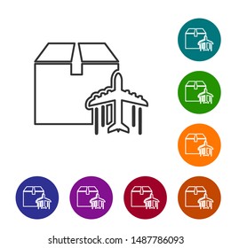 Grey line Plane and cardboard box icon  on white background. Delivery, transportation. Cargo delivery by air. Airplane with parcels, boxes. Set icons in color circle buttons. Vector Illustration