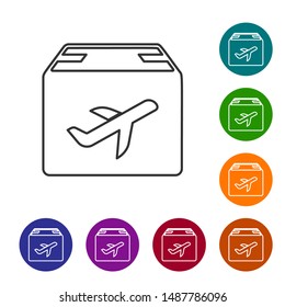 Grey line Plane and cardboard box icon on white background. Delivery, transportation. Cargo delivery by air. Airplane with parcels, boxes. Set icons in color circle buttons. Vector Illustration