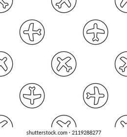 Grey line Plane icon isolated seamless pattern on white background. Flying airplane icon. Airliner sign.  Vector