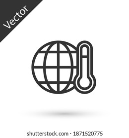 Grey line Planet earth melting to global warming icon isolated on white background. Ecological problems and solutions - thermometer. Vector.