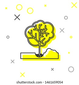 Grey line Planting a tree in the ground icon isolated on white background. Gardening, agriculture, caring for environment.  Vector Illustration