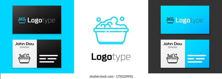 Grey line Plastic basin with soap suds icon isolated on white background. Bowl with water. Washing clothes, cleaning equipment. Vector Illustration