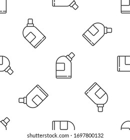 Grey line Plastic bottles for laundry detergent, bleach, dishwashing liquid or another cleaning agent icon isolated seamless pattern on white background. Vector Illustration