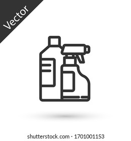 Línea gris Botellas de plástico para detergente para ropa, lejía, líquido lavavajillas u otro icono de agente de limpieza aislado en fondo blanco. Ilustración vectorial