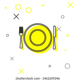 Grey line Plate, fork and knife icon isolated on white background. Cutlery symbol. Restaurant sign.  Vector Illustration