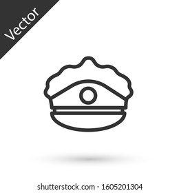 Grey line Police cap with cockade icon isolated on white background. Police hat sign.  Vector Illustration