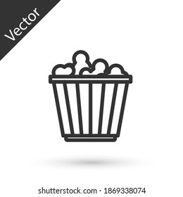 Grey line Popcorn in cardboard box icon isolated on white background. Popcorn bucket box. Vector.