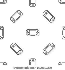 Grey line Portable video game console icon isolated seamless pattern on white background. Gamepad sign. Gaming concept.  Vector Illustration