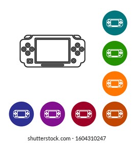 Grey line Portable video game console icon isolated on white background. Gamepad sign. Gaming concept. Set icons in color circle buttons. Vector Illustration
