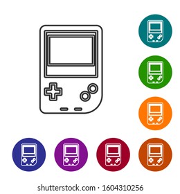 Grey line Portable video game console icon isolated on white background. Gamepad sign. Gaming concept. Set icons in color circle buttons. Vector Illustration