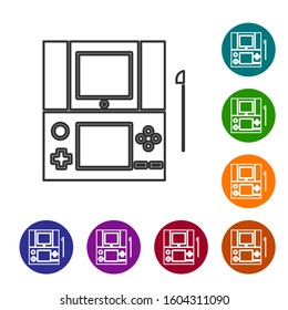 Grey line Portable video game console icon isolated on white background. Gamepad sign. Gaming concept. Set icons in color circle buttons. Vector Illustration