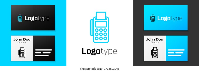 Grey line POS terminal with inserted credit card and printed reciept icon isolated on white background. NFC payment concept. Vector Illustration