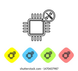 Grey line Processor with screwdriver and wrench icon isolated on white background. Adjusting, service, setting, maintenance, repair, fixing. Set icon in color rhombus buttons. Vector Illustration