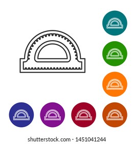 Grey line Protractor grid for measuring degrees icon isolated on white background. Tilt angle meter. Measuring tool. Geometric symbol. Set icon in color circle buttons. Vector Illustration