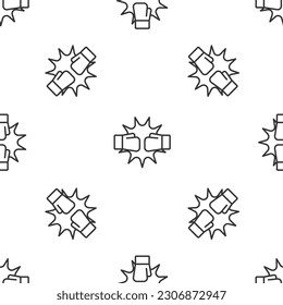 Grey line Punch in boxing gloves icon isolated seamless pattern on white background. Boxing gloves hitting together with explosive.  Vector