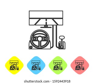 Grey line Racing simulator cockpit icon isolated on white background. Gaming accessory. Gadget for driving simulation game. Set icons in color rhombus buttons. Vector Illustration